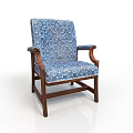 Traditional Armchair With Blue Patterned Fabric Upholstery Wooden Armrests And Wooden Legs For Living Room