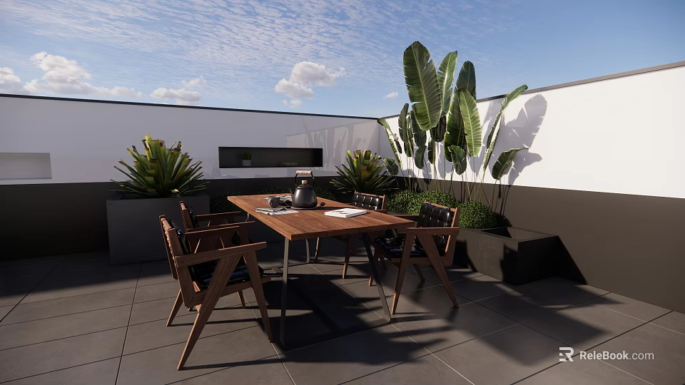 Patio Garden Accents With Wooden Dining Table Chairs And Large Leaf Green Plants 3d model 