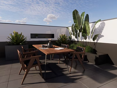 Patio Garden Accents With Wooden Dining Table Chairs And Large Leaf Green Plants 3d model