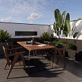 Patio Garden Accents With Wooden Dining Table Chairs And Large Leaf Green Plants