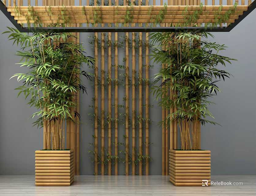 Elegant Indoor Bamboo Plants With Decorative Bamboo Screen And Wooden Planters 3d model 