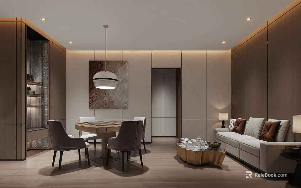 Modern Hotel Mahjong Room Interior Featuring Elegant Sofa Coffee Table And Dining Set 3d model