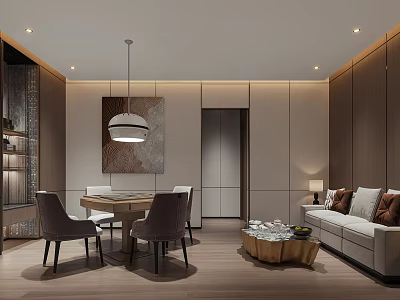 Modern Hotel Mahjong Room Interior Featuring Elegant Sofa Coffee Table And Dining Set 3d model