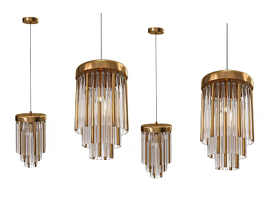 Set of Four Modern Golden Chandeliers With Glass Rods And Hanging Design 3d model