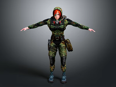 Female Character In Camouflage Uniform With Red Hair Headphones Backpack Arms Outstretched Gray Background 3d model