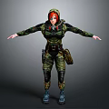 Female Character In Camouflage Uniform With Red Hair Headphones Backpack Arms Outstretched Gray Background