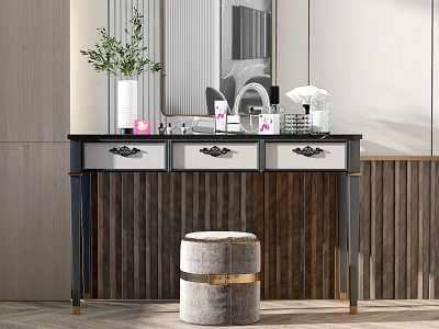 Elegant Modern Dressing Table with Black Countertop Green Plant Vase Gray Stool and Cosmetics 3d model