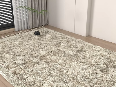 Plush Square Rug in Neutral Tone for Living Room Wooden Floor with Tassel Decor 3d model