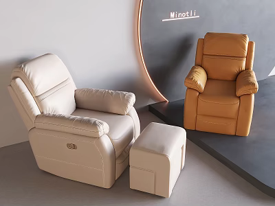 Cream And Brown Leather Massage Chairs With Ottoman In Modern Interior Setting 3d model