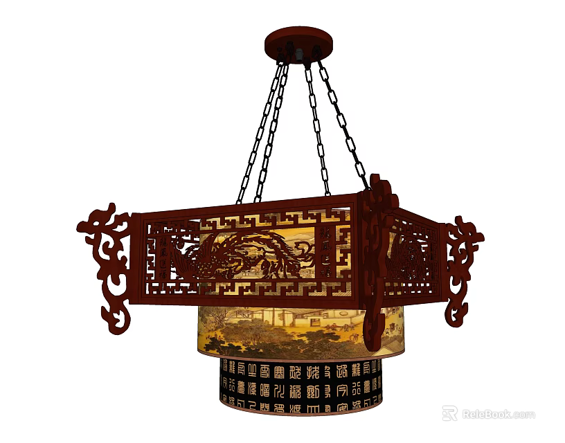 Traditional Chinese Style Wooden Carved Chandelier With Intricate Patterns And Hanging Design 3d model 