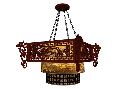 Traditional Chinese Style Wooden Carved Chandelier With Intricate Patterns And Hanging Design 3d model