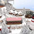 Festive Winter Tobacco Liquor Store in Snowy Scene with Pine Trees Snowman and Striped Roof