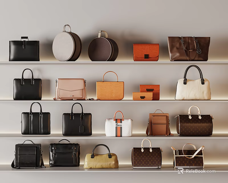 Various Styles And Colors Of Bags Neatly Arranged On Multiple Shelves 3d model 