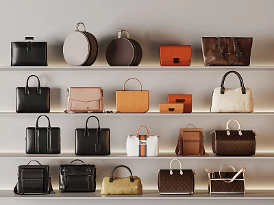 Various Styles And Colors Of Bags Neatly Arranged On Multiple Shelves 3d model