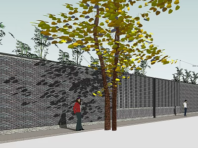 Gray Brick Building Exterior Wall With Yellow Leaf Trees And Pedestrians On Sidewalk 3d model