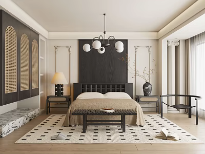 Modern Bedroom Interior With Wooden Bed Chandelier Nightstands And Patterned Area Rug 3d model