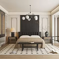 Modern Bedroom Interior With Wooden Bed Chandelier Nightstands And Patterned Area Rug