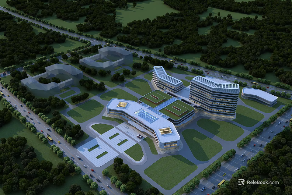 Modern Hospital Building with Green Roof and Landscaped Surroundings Near Roads and Parking Areas 3d model 