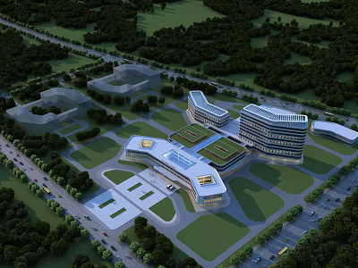 Modern Hospital Building with Green Roof and Landscaped Surroundings Near Roads and Parking Areas 3d model