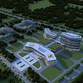 Modern Hospital Building with Green Roof and Landscaped Surroundings Near Roads and Parking Areas