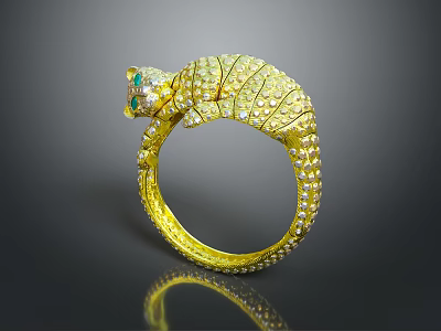 Gold Feline Design Ring With Diamond Studded Details And Green Gemstone Eyes 3d model