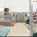 Elegant Kids Boutique Interior With Blue Bed Pink Balloons White Staircase And Green Plants