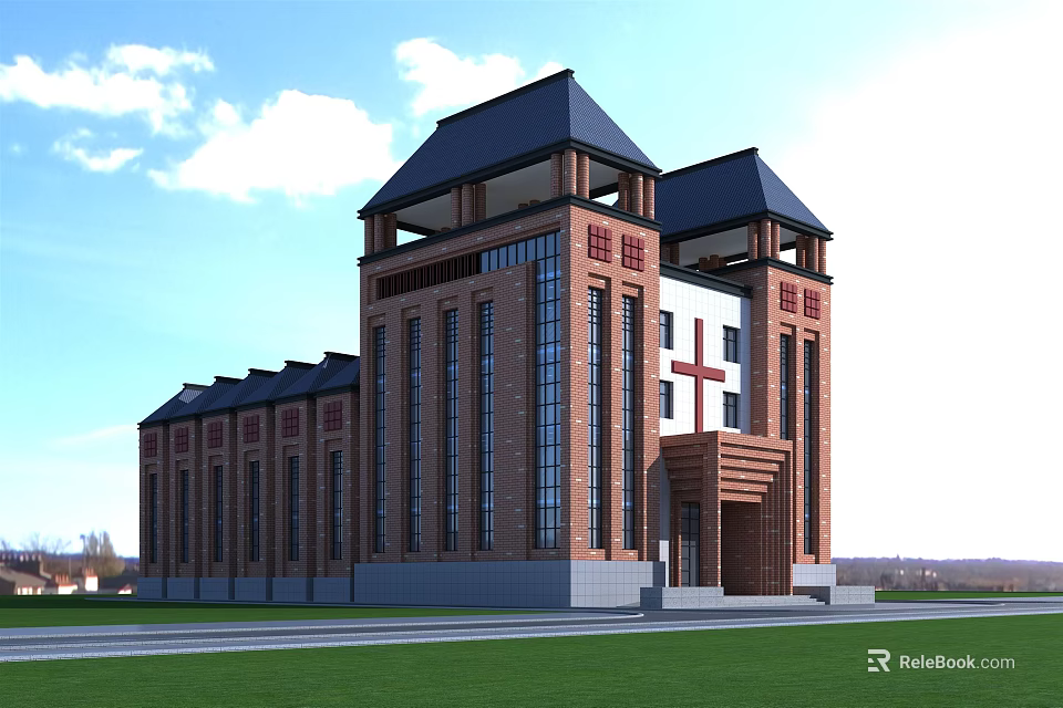 Brick Church Building With Red Cross Symbol Spire And Green Lawn Front View 3d model 