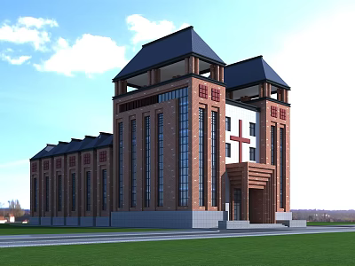 Brick Church Building With Red Cross Symbol Spire And Green Lawn Front View 3d model
