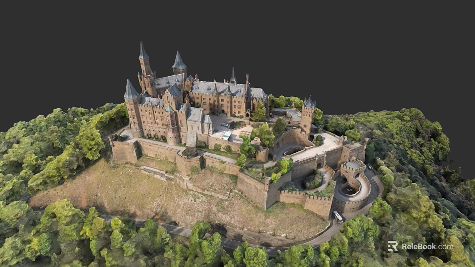 European Style Castle Perched On Green Hill With Surrounding Trees Towers And Medieval Architecture Design 3d model 