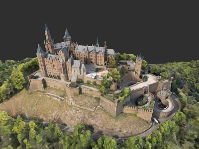 European Style Castle Perched On Green Hill With Surrounding Trees Towers And Medieval Architecture Design 3d model
