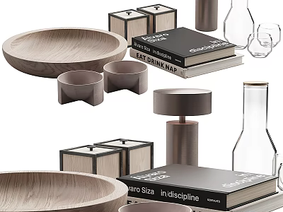 Decorative Ornaments Set With Wooden Tray Books Glass Vases And Wooden Candle Holders 3d model