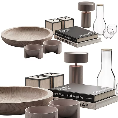 Decorative Ornaments Set With Wooden Tray Books Glass Vases And Wooden Candle Holders 3d model