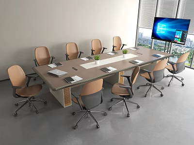 Modern Office Conference Table with Ergonomic Chairs Notebooks Green Plant and Large Screen Monitor 3d model