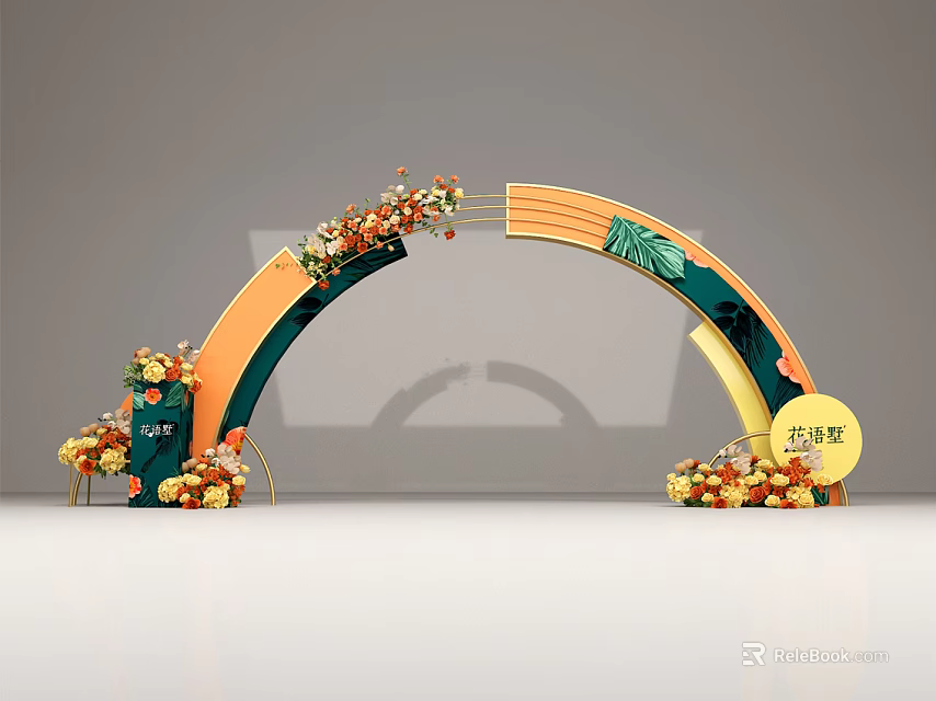Orange Green Archway With Floral Decor And Welcome Sign For Event Entrance 3d model 