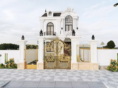 Luxury Detached Villa With White Exterior Ornate Golden Gate Black Accents And Patterned Stone Courtyard 3d model