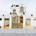 Luxury Detached Villa With White Exterior Ornate Golden Gate Black Accents And Patterned Stone Courtyard