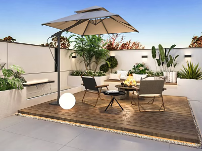 Contemporary Outdoor Garden Landscape With Wooden Deck Umbrella Tables Chairs Lighting And Green Plants 3d model