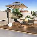 Contemporary Outdoor Garden Landscape With Wooden Deck Umbrella Tables Chairs Lighting And Green Plants