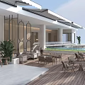 Outdoor Hotel Public Lounge Area With Swimming Pool And Modern Relaxing Seating