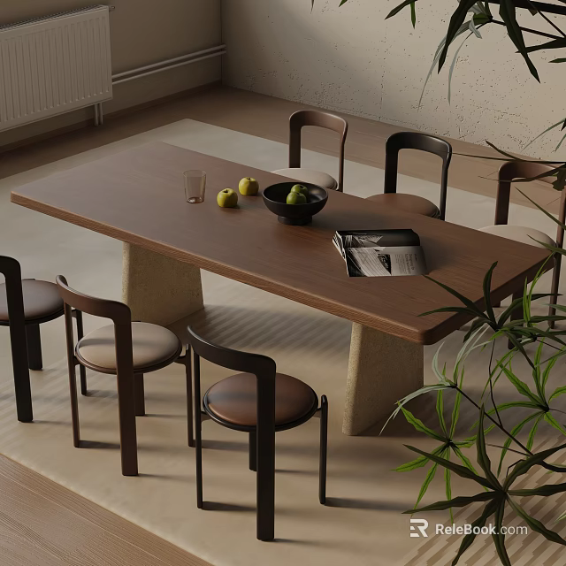 Modern Dining Table Set with Wooden Top Matching Chairs Fruits Bowl Magazine and Green Plant 3d model 