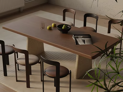 Modern Dining Table Set with Wooden Top Matching Chairs Fruits Bowl Magazine and Green Plant 3d model