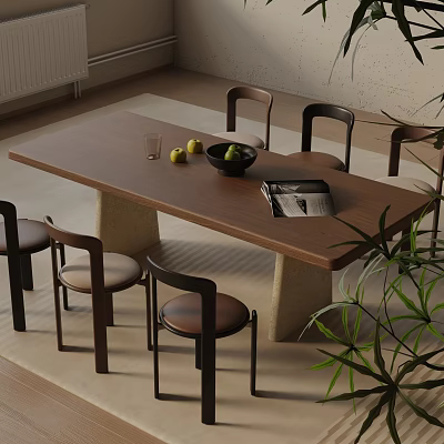 Modern Dining Table Set with Wooden Top Matching Chairs Fruits Bowl Magazine and Green Plant 3d model