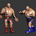 Two Muscular Wrestlers In Striped Outfits With Red And Blue Boots On Reflective Floor