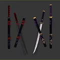 Traditional Japanese Swords With Red Purple Handles And Decorative Wraps In Crossed Upright Positions