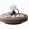Round Walnut Coffee Table Decorated With Dried Flower Vase Diffuser Books And Decorative Items 3d model