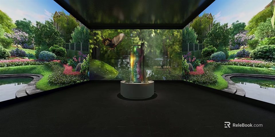Immersive Cinema With Surrounding Screens Showing Natural Scenery Trees Flowers Butterflies And Central Display Stand 3d model 