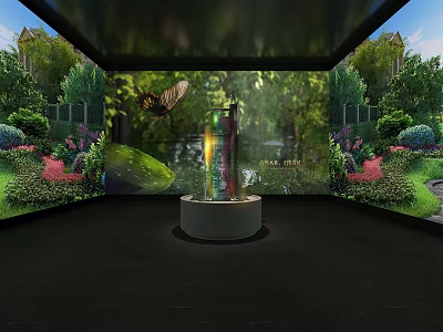 Immersive Cinema With Surrounding Screens Showing Natural Scenery Trees Flowers Butterflies And Central Display Stand 3d model