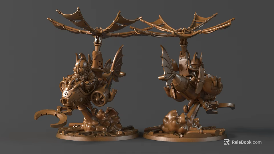Bronze Mechanical Mythical Creature Sculpture With Wings And Intricate Base Details 3d model 