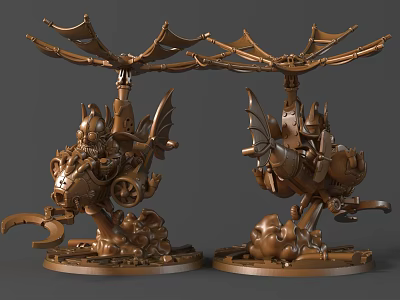 Bronze Mechanical Mythical Creature Sculpture With Wings And Intricate Base Details 3d model
