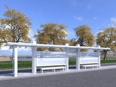 Modern Bus Stop Design With White Canopy Benches And Yellow Trees Under Blue Sky 3d model
